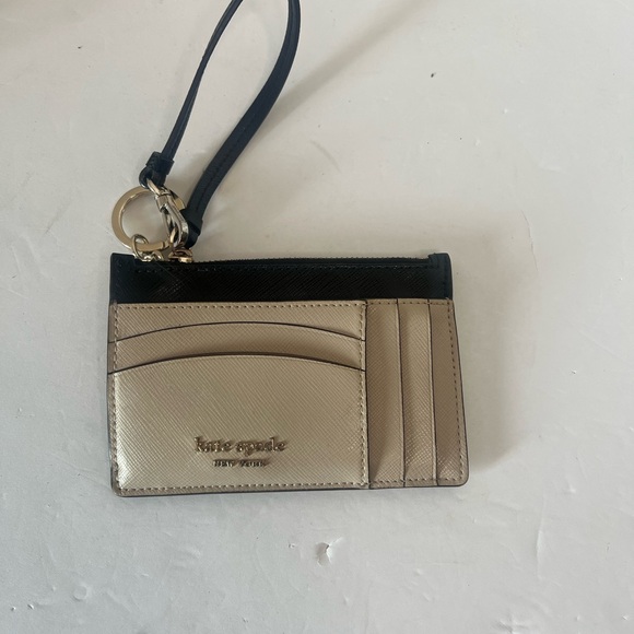 Kate Spade Wristlet Card Holder Black & Nude Leather Zip Wallet - Picture 1 of 4